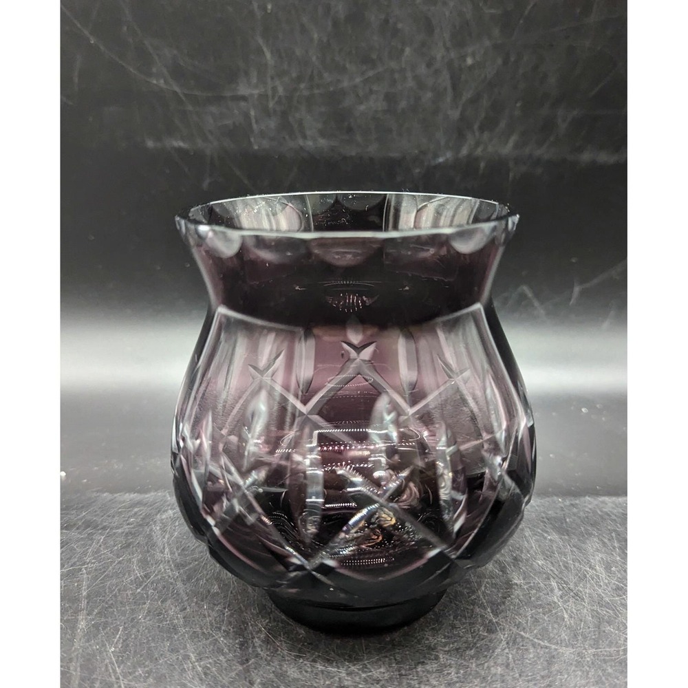 Vintage Cut to Clear Amethyst Purple Glass Votive Candle Holder 4.5"